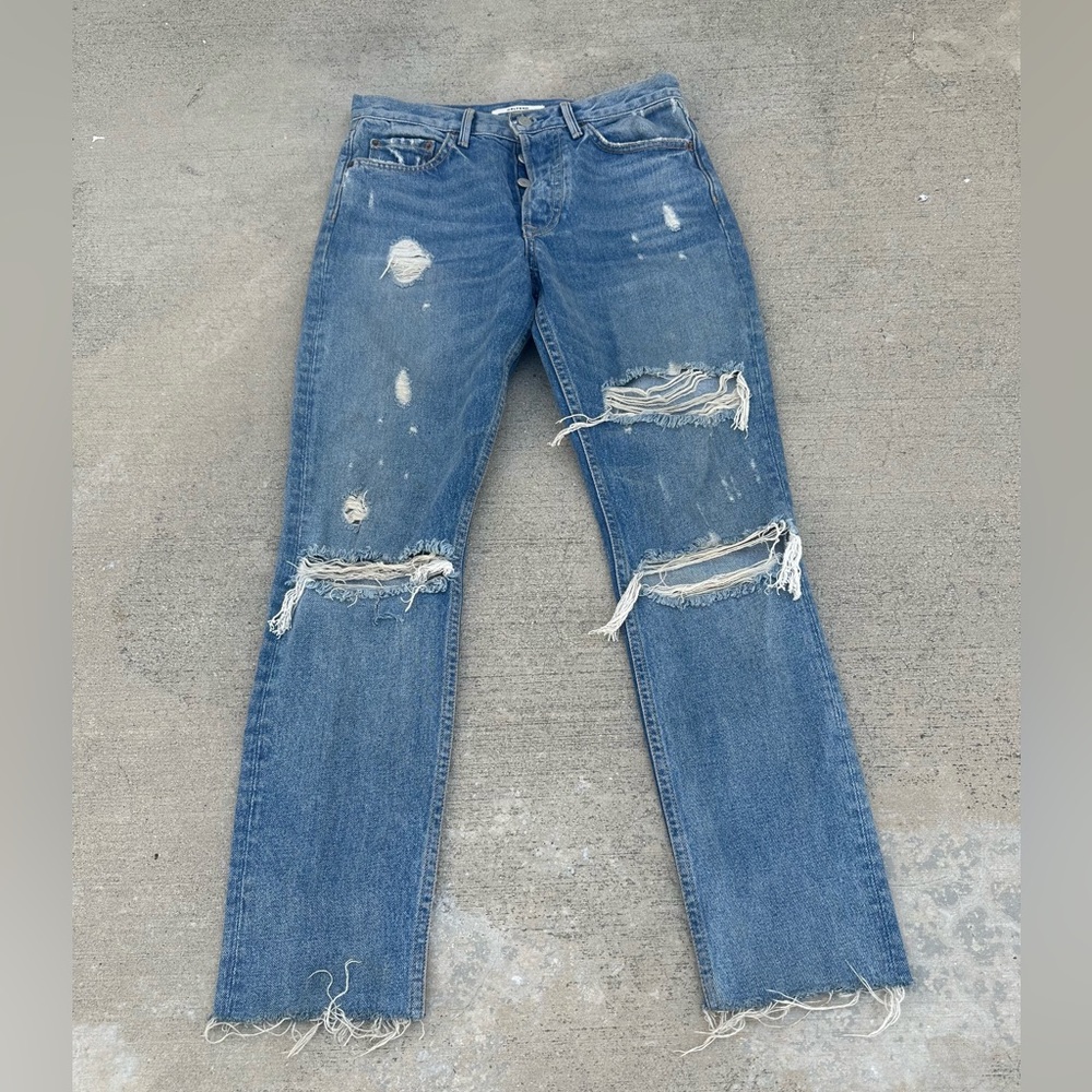 GRLFRND “Karolina’ Distressed High-rise slim-leg Fly button Jeans ~26